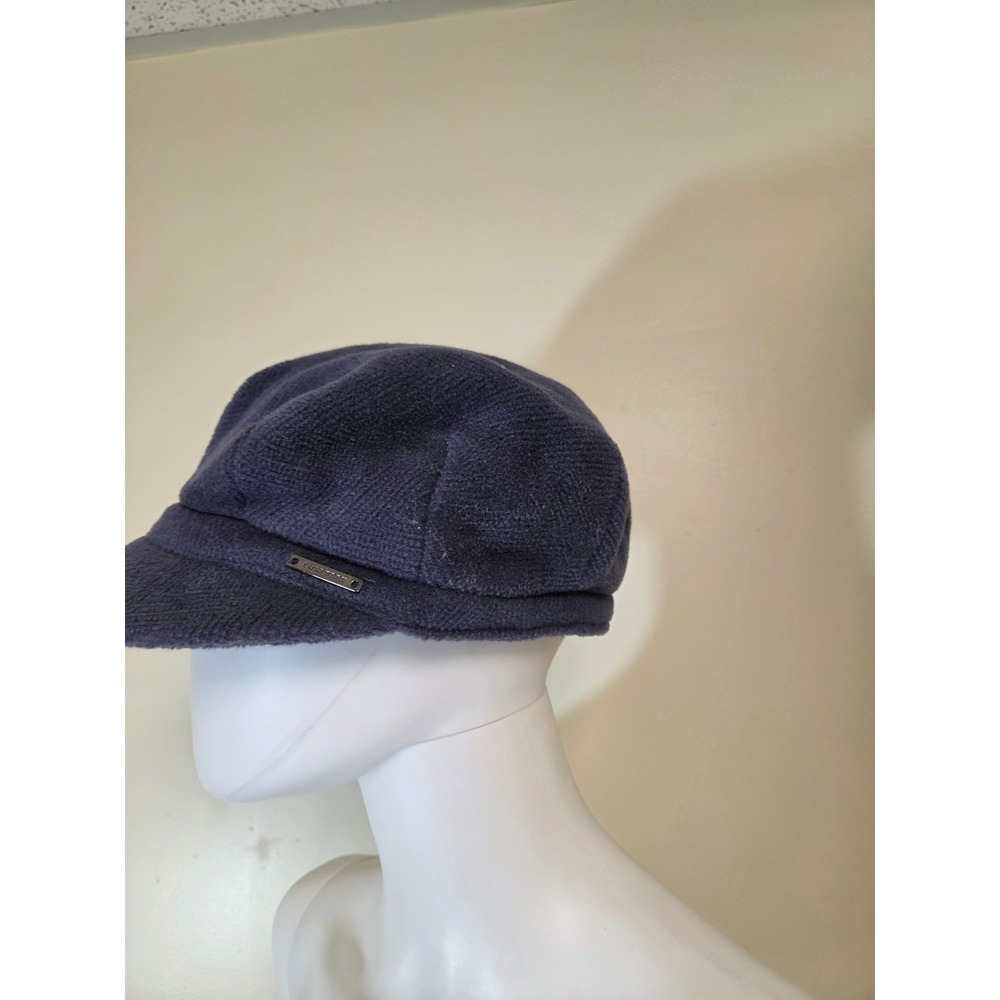 Burberry Navy Blue 100% Wool Newsboy Baker Boy Cap Hat Women Size M Logo Plaque - Picture 2 of 9